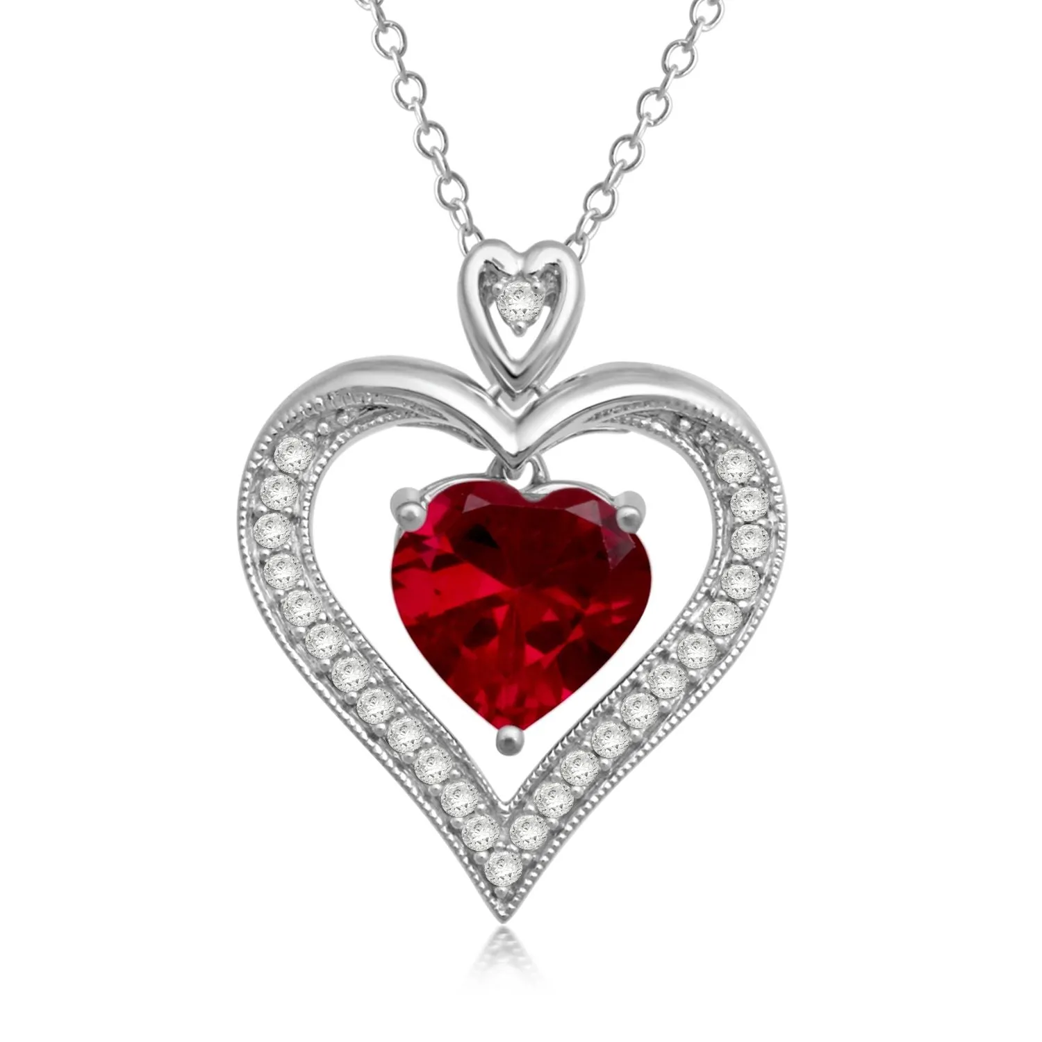 Jewelili Sterling Silver with Created Ruby and Created White Sapphire Pendant Necklace