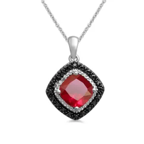 Jewelili Sterling Silver With Created Ruby and Treated Black Diamonds and White Diamonds Pendant Necklace