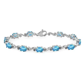 Jewelili Sterling Silver With Diamonds and Oval Swiss Blue Topaz Link Bracelet