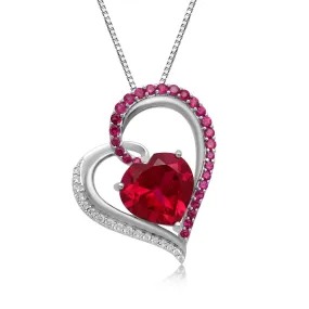 Jewelili Sterling Silver with Heart Created Ruby and Round Created White Sapphire Trill Pendant Necklace