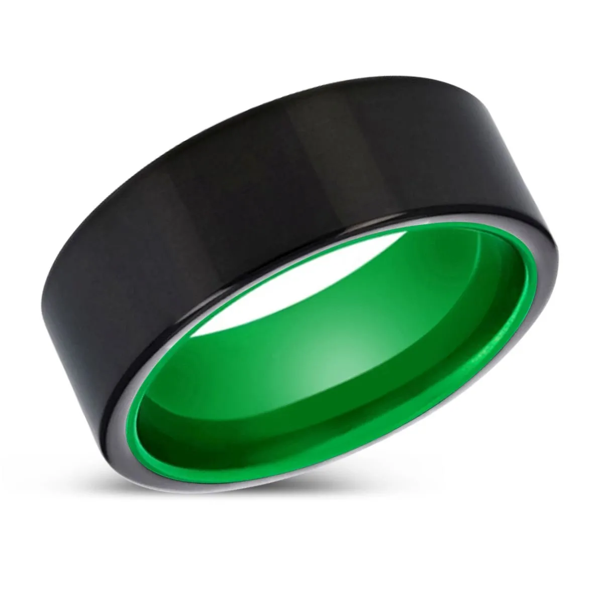 KENTON | Green Ring, Black Tungsten Ring, Shiny, Flat