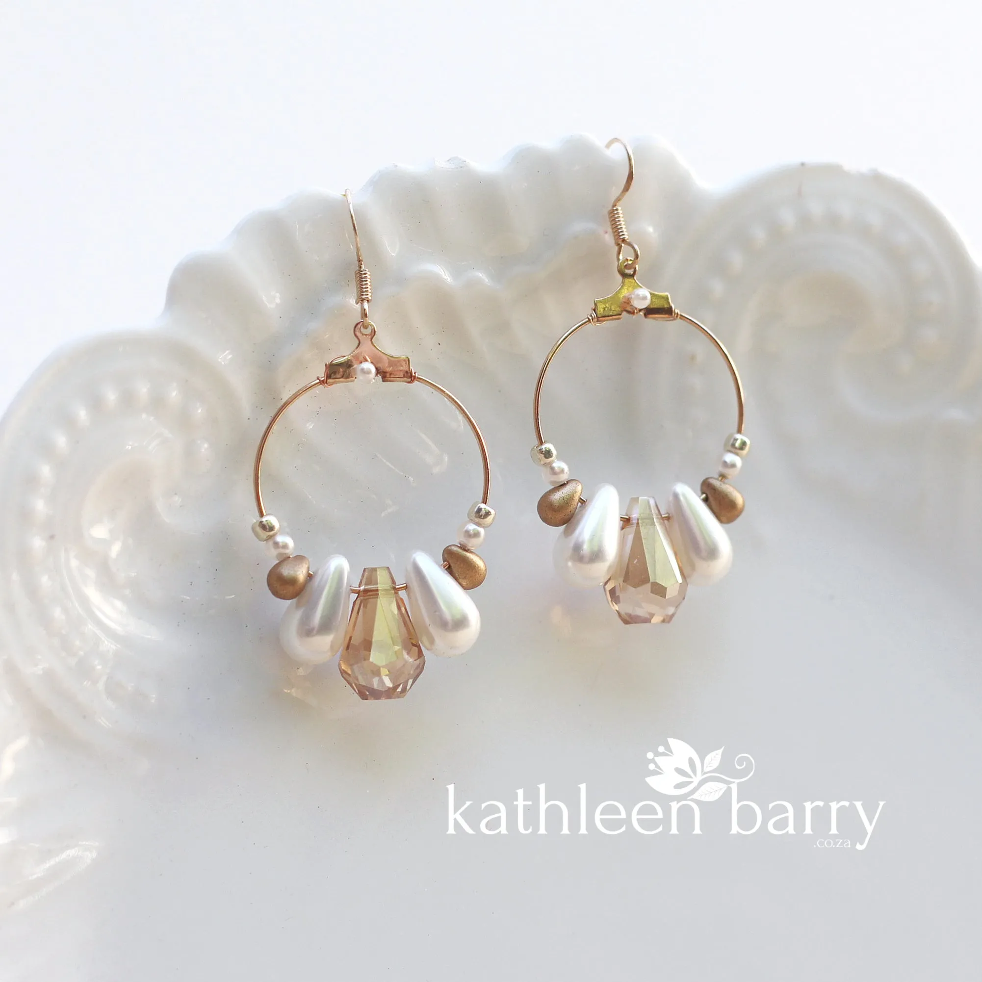 Kerryn gold hoop earrings -  white, cream or blush pink pearls