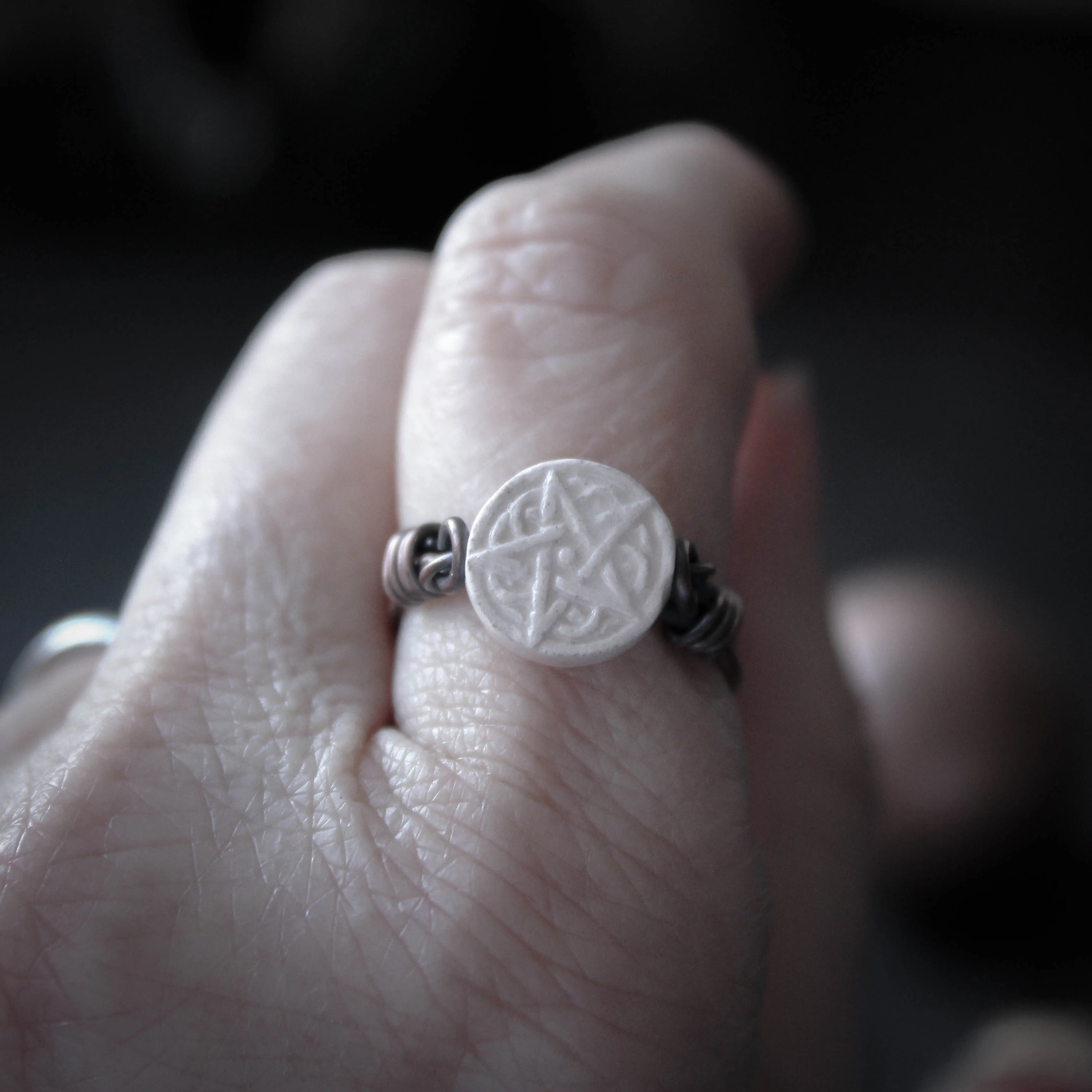 Kitchen Witches White Pentagram Ring in Wire Wrapped Copper. Size US 7 UK N.