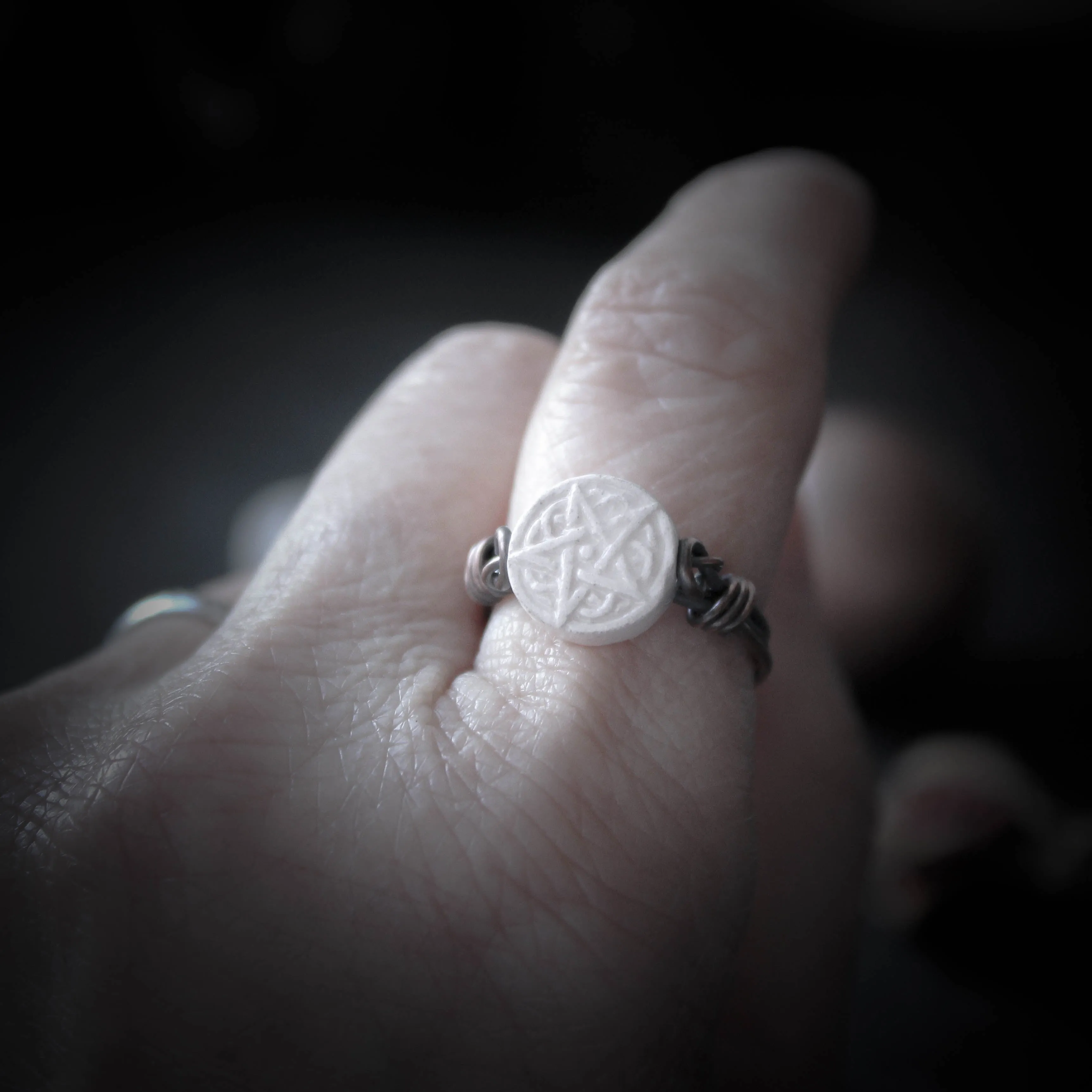 Kitchen Witches White Pentagram Ring in Wire Wrapped Copper. Size US 7 UK N.