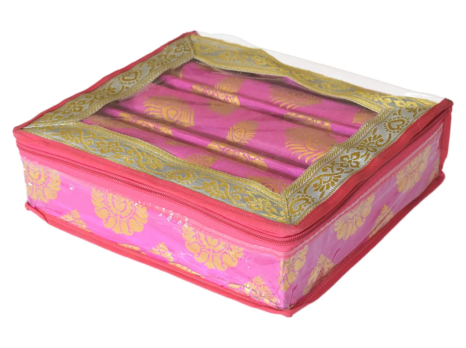 Kuber Industries Bareque Seamless Design Laminated 3 Rod Box, Organizer For Bangle, Watches, Bracelets, Jewellery With Tranasparent Top (Pink)-47KM0442