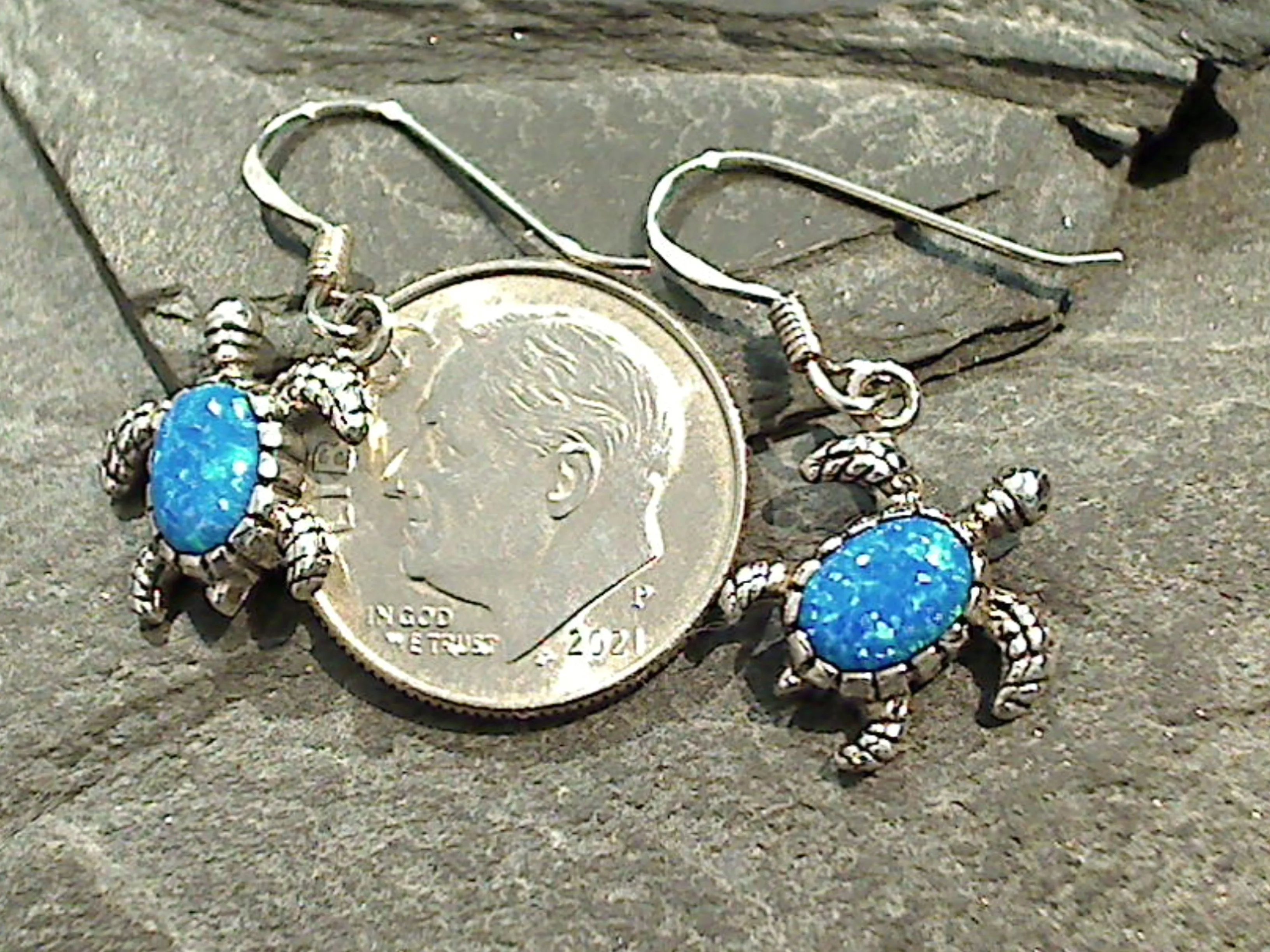 Lab Created Opal, Sterling Silver Sea Turtle Earrings