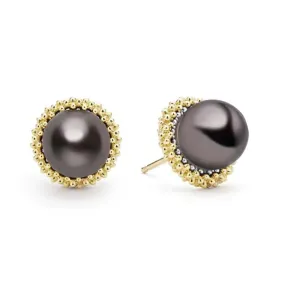 LAGOS Two-Tone Caviar Tahitian Black Pearl Stud Earrings in Sterling Silver and 18K Yellow Gold