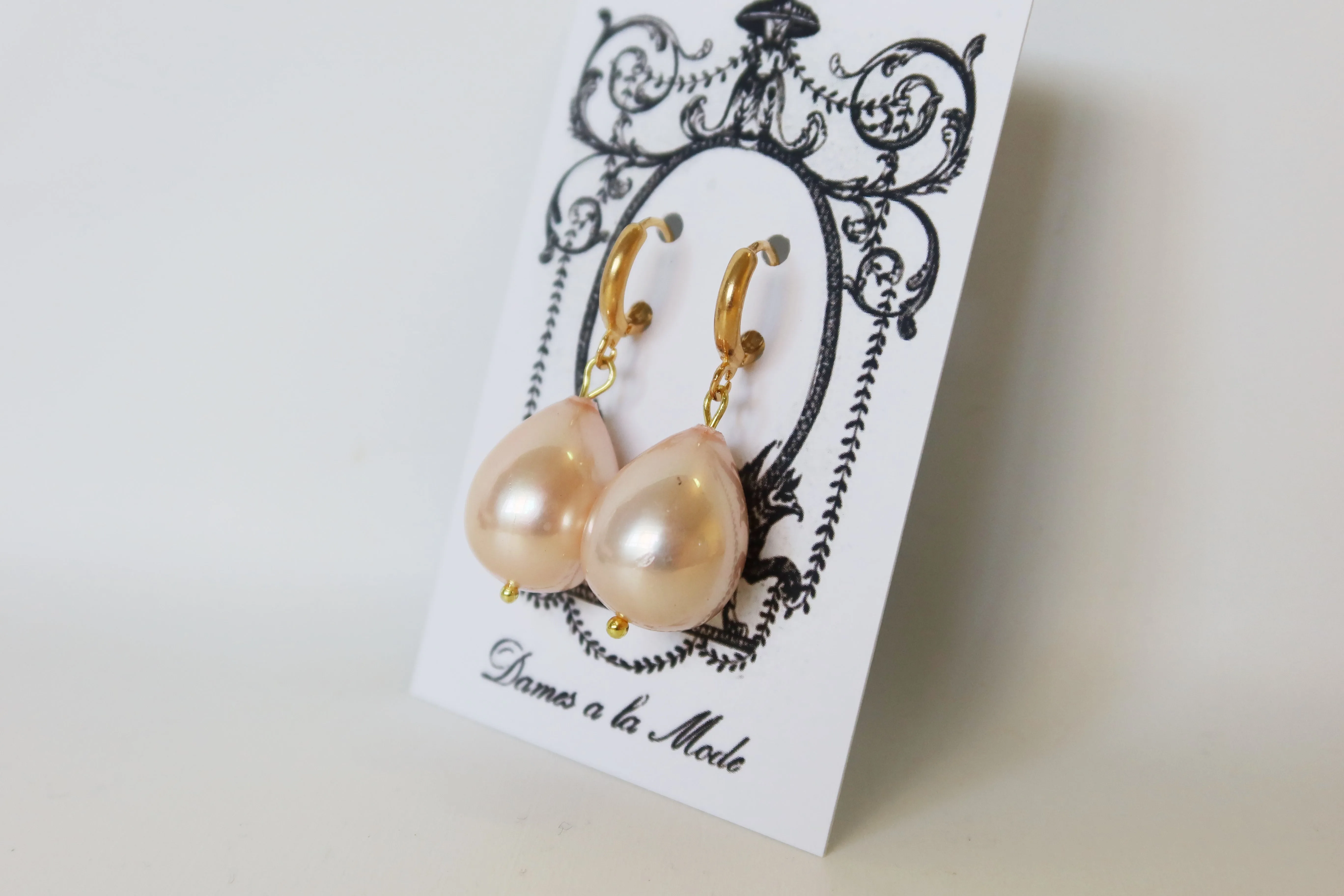 Large Pink Shell Pearl Hoop Teardrop Earrings