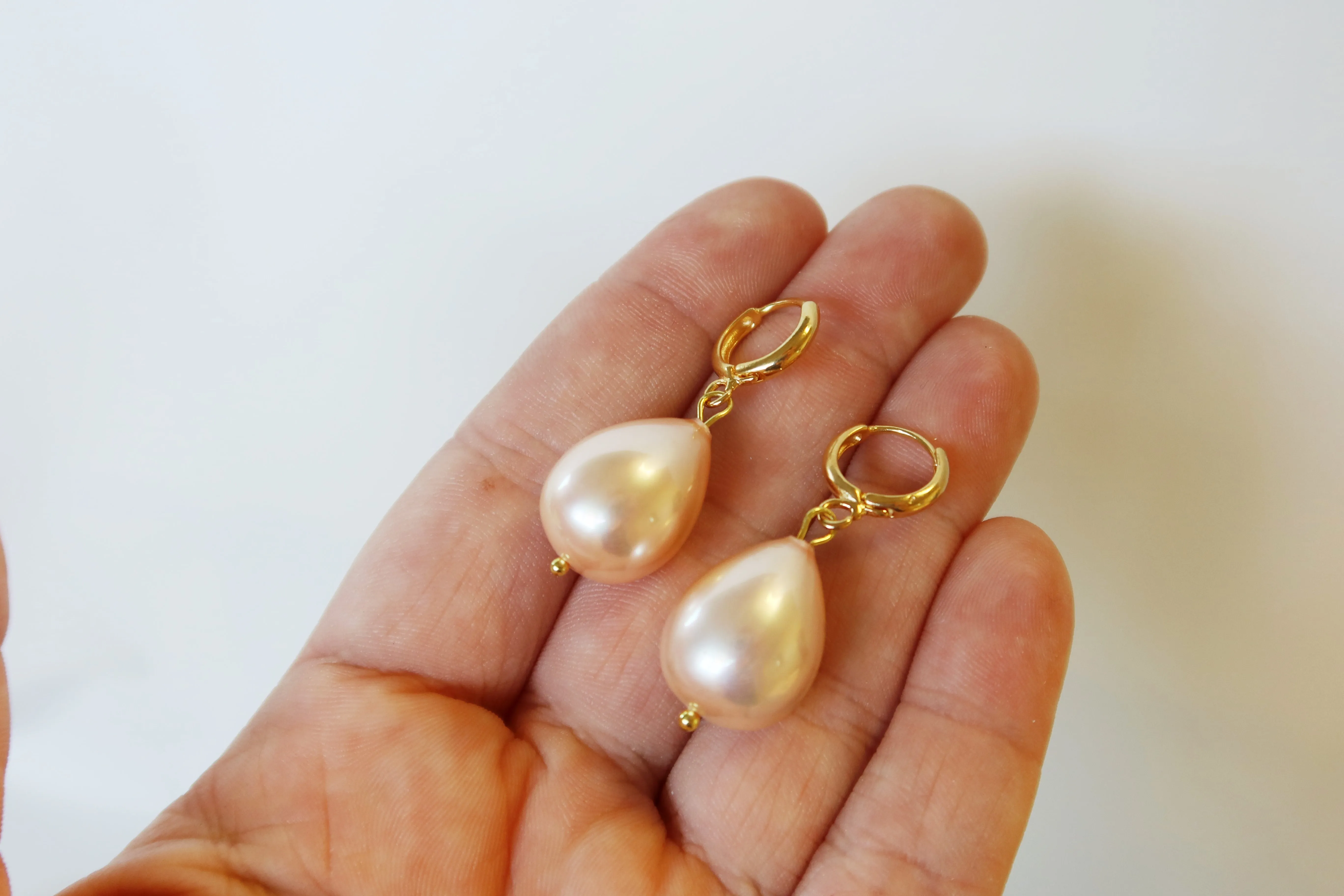 Large Pink Shell Pearl Hoop Teardrop Earrings