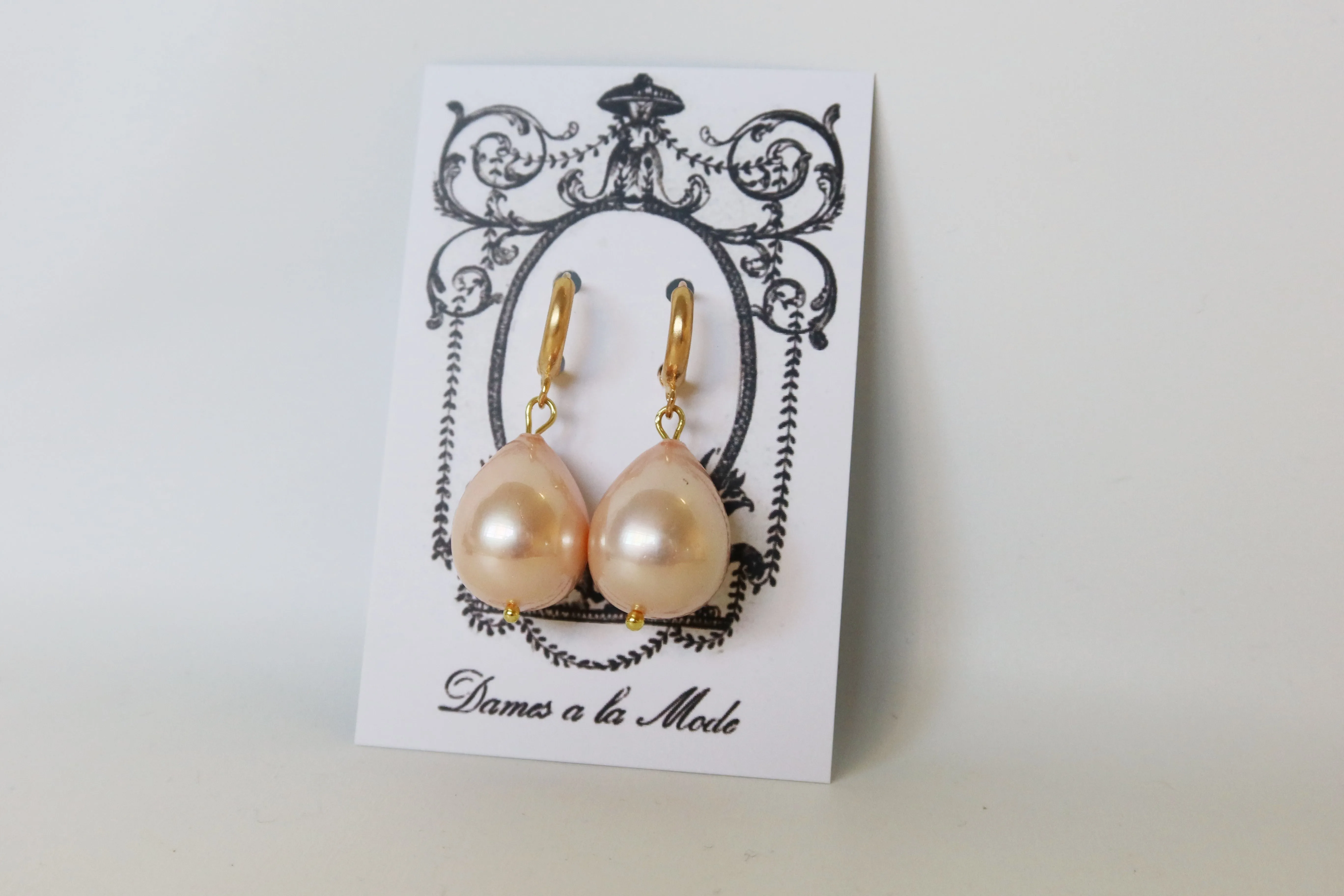 Large Pink Shell Pearl Hoop Teardrop Earrings