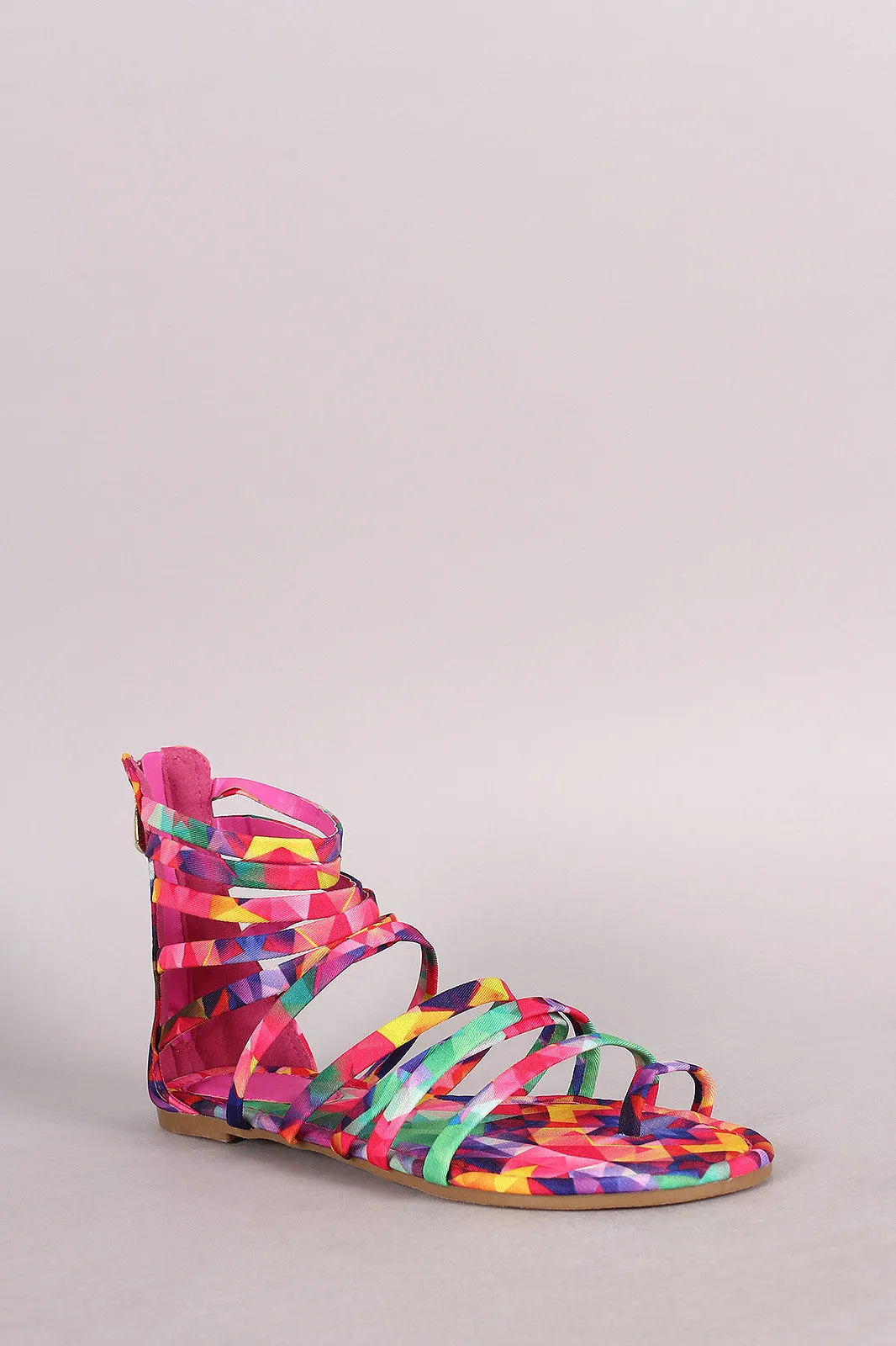 Liliana kaleidoscope Print Caged Toe Ring Gladiator Flat Sandal