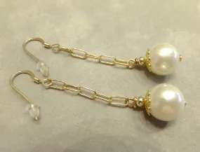 Long White Pearl Earrings in Gold