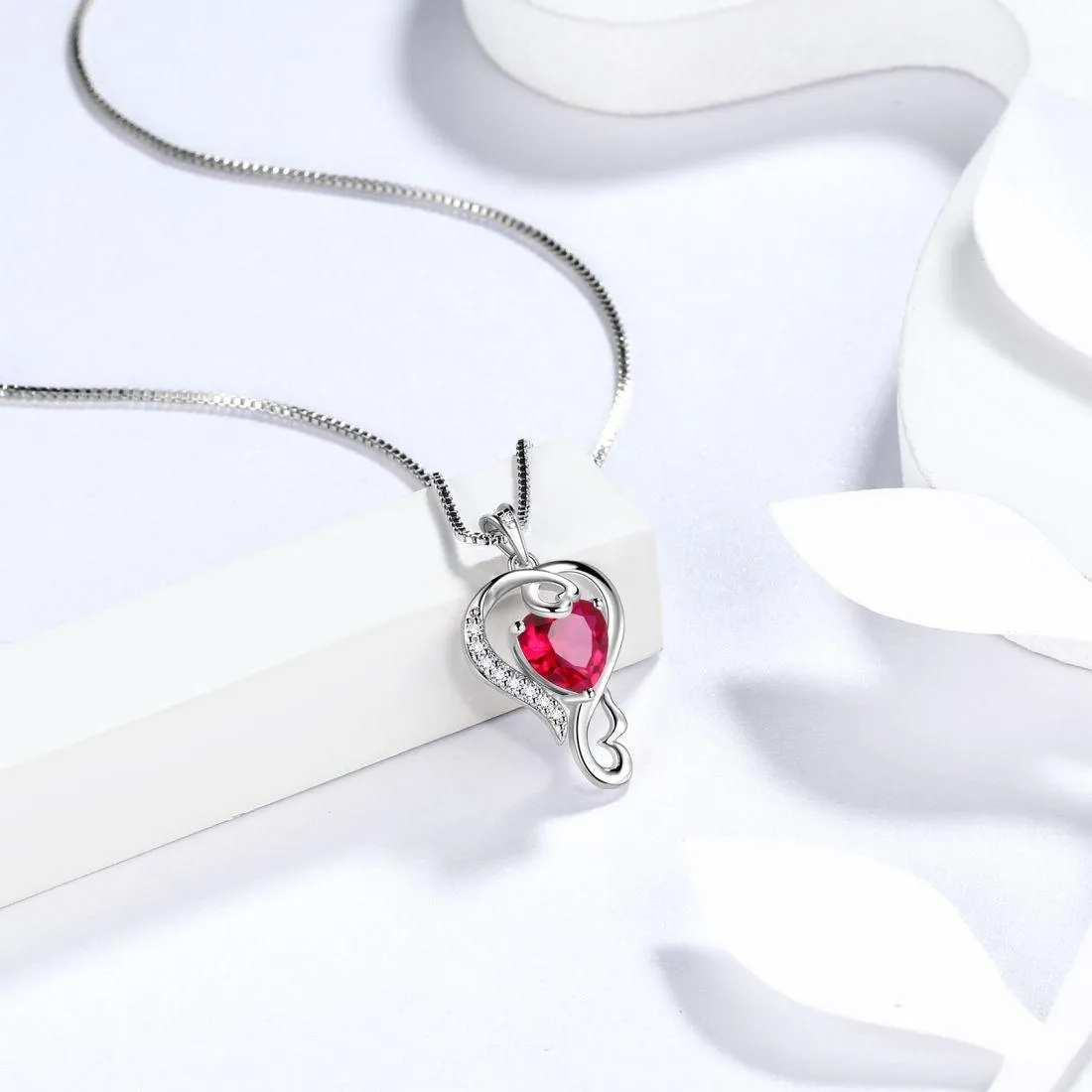 Love Heart Birthstone July Ruby Necklace Pendant Women Girls Jewelry Birthday Gift