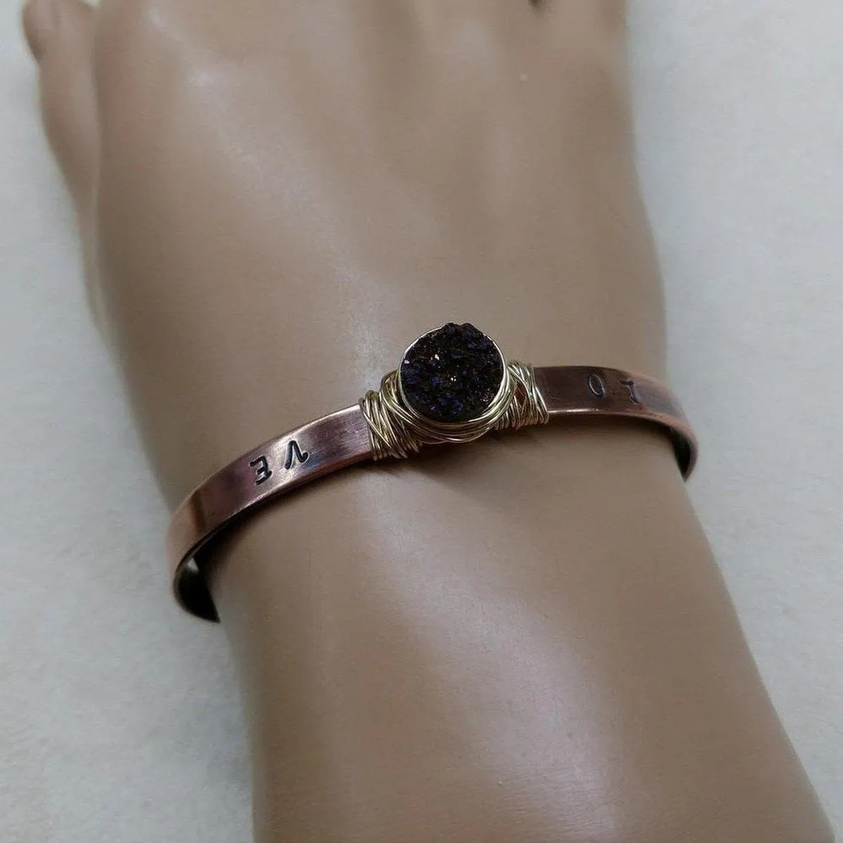 LOVE Stamped Gold Wire Wrapped Purple Druzy Copper Cuff