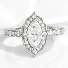 Marquise Moissanite Diamond Ring in 14k White Gold Vintage Floral, Size 6.25