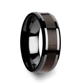 Men's Beveled Black Ceramic Wedding Band With Black Ebony Wood Inlay 8mm