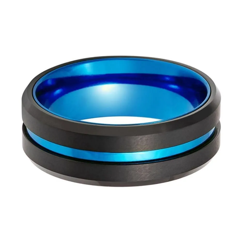 Men's Beveled Sky Blue Grooved Black Tungsten Carbide Wedding Band - 8mm