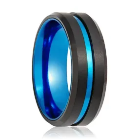 Men's Beveled Sky Blue Grooved Black Tungsten Carbide Wedding Band - 8mm