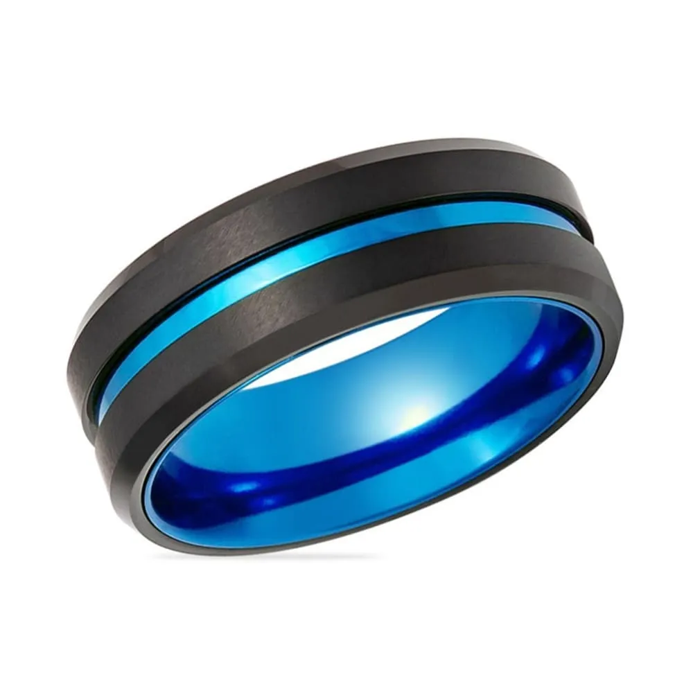 Men's Beveled Sky Blue Grooved Black Tungsten Carbide Wedding Band - 8mm