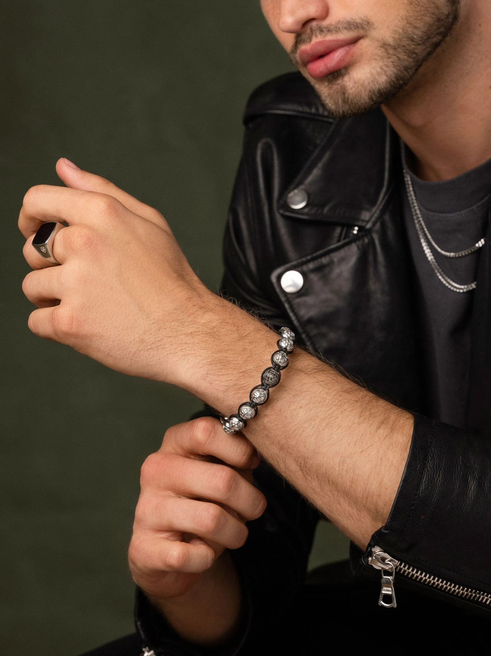 Men's Black Diamond Beaded Bracelet with Sterling Silver Beads