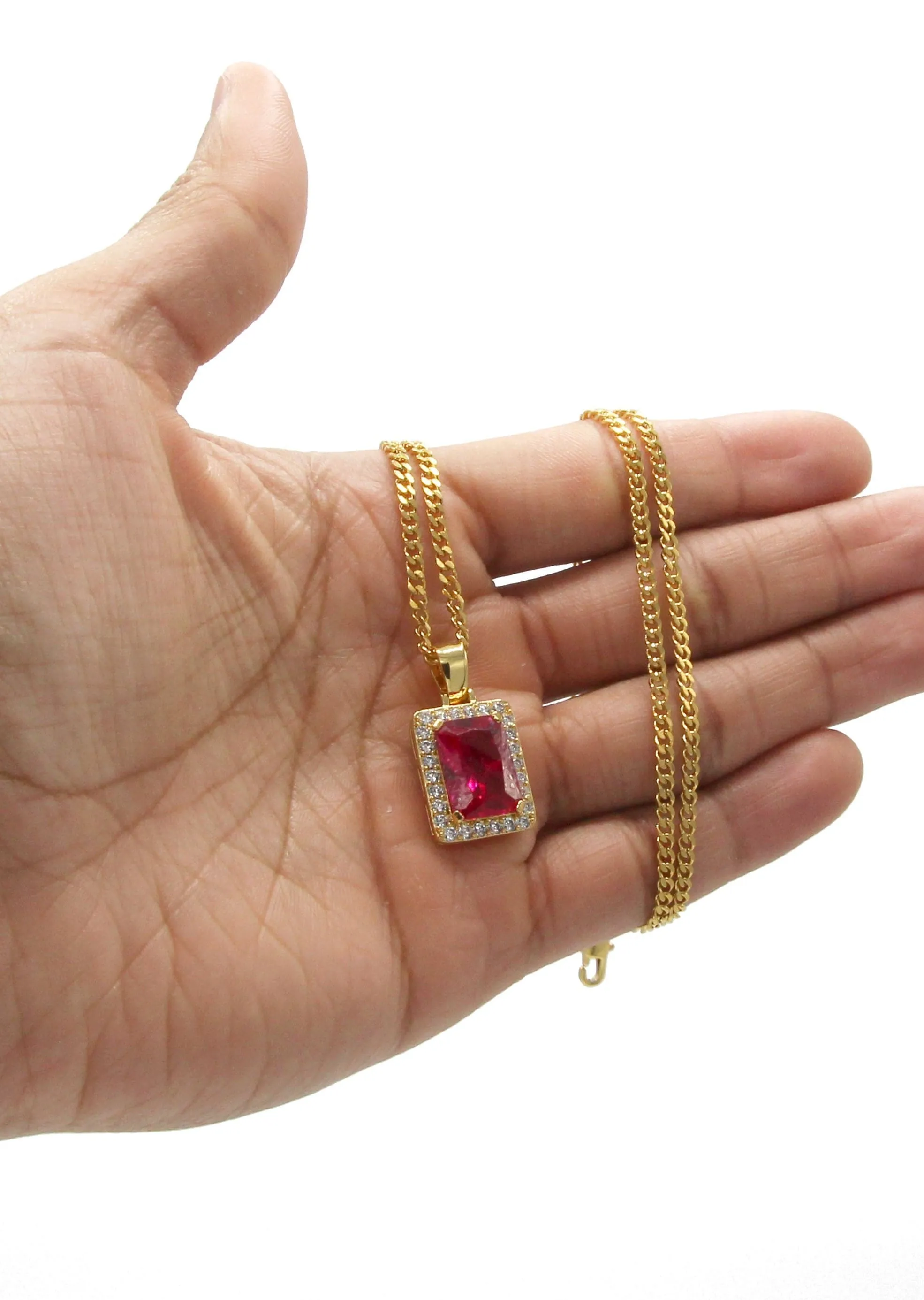 Mens Gold Plated Cuban Link Chain & Ruby Pendant | Appx. 14 Grams