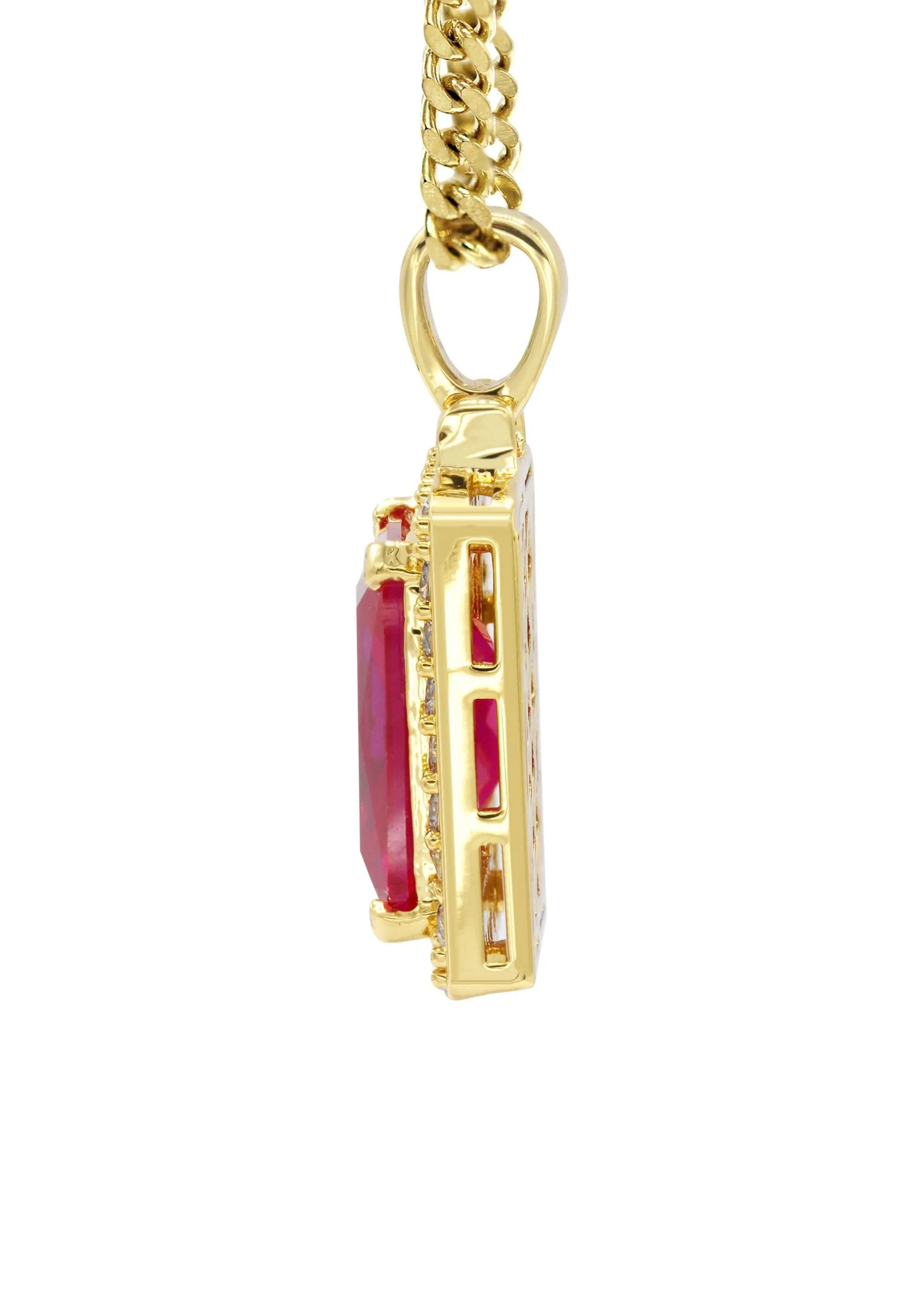 Mens Gold Plated Cuban Link Chain & Ruby Pendant | Appx. 14 Grams