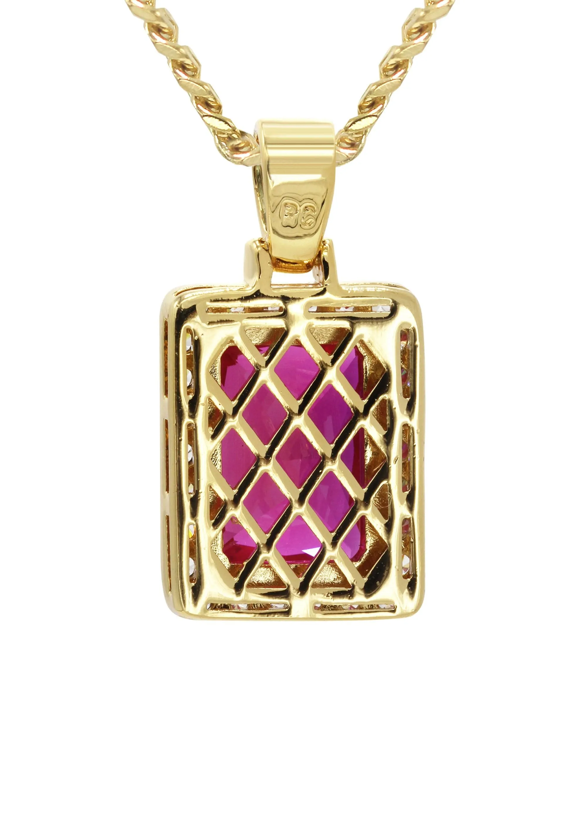 Mens Gold Plated Cuban Link Chain & Ruby Pendant | Appx. 14 Grams