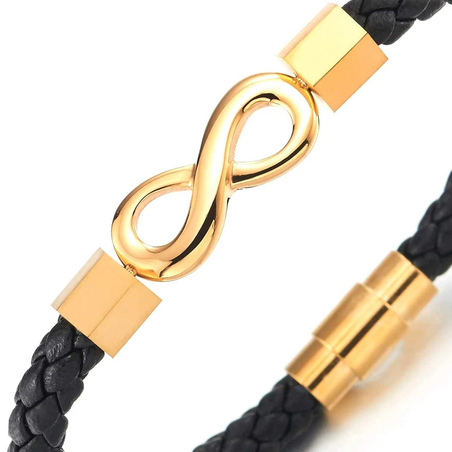 Mens Womens Black Braided Leather Bangle Bracelet Steel Gold Infinity Love Number 8, Magnetic Clasp