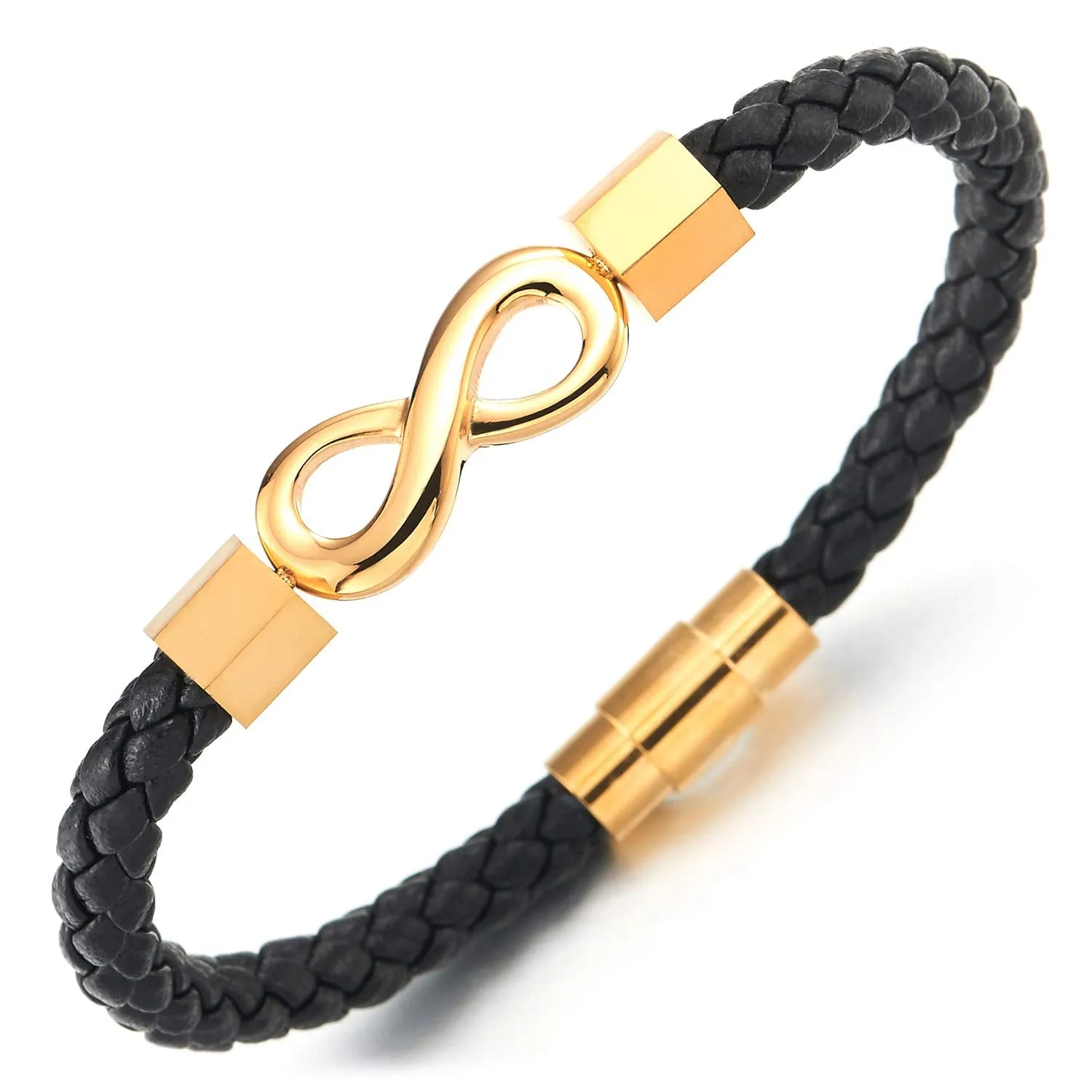 Mens Womens Black Braided Leather Bangle Bracelet Steel Gold Infinity Love Number 8, Magnetic Clasp