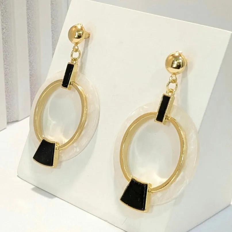 Mother of Pearl with Black Stone Big Round Contemporary Danglers