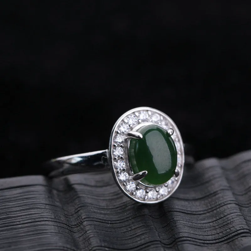 Natural Jade Ring Nephrite Silver Adjustable Ring ZNRG124