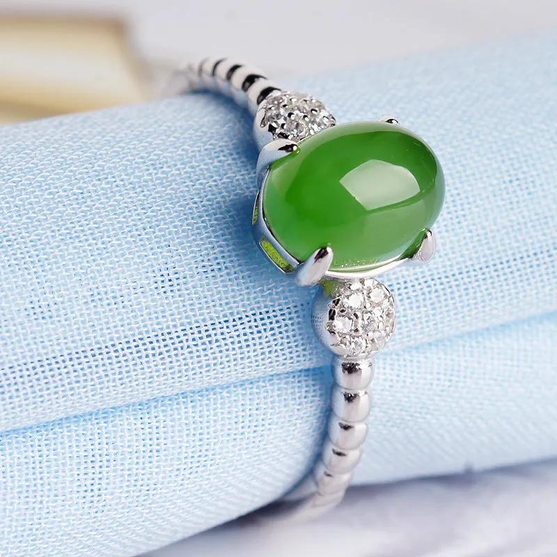 Natural Jade Ring Nephrite Silver Zircon Adjustable Ring ZNRG138