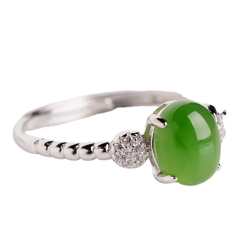 Natural Jade Ring Nephrite Silver Zircon Adjustable Ring ZNRG138