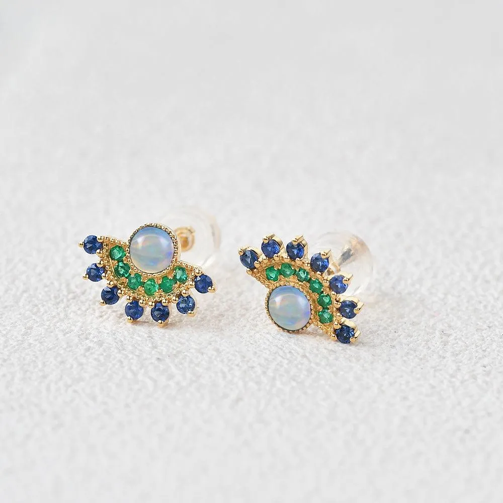 Natural Opal & Emerald & Sapphire Vintage Inspired Earrings