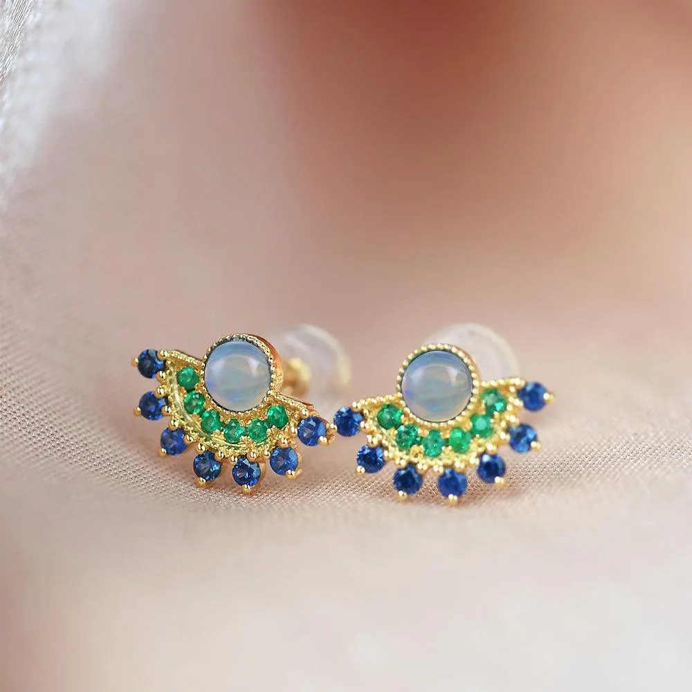 Natural Opal & Emerald & Sapphire Vintage Inspired Earrings