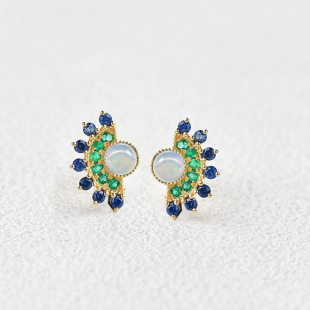 Natural Opal & Emerald & Sapphire Vintage Inspired Earrings