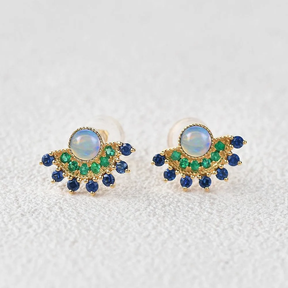 Natural Opal & Emerald & Sapphire Vintage Inspired Earrings