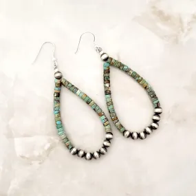 Navajo Pearls & Green Turquoise Heishi Tear Drop Dangle Earrings Sterling Silver NPE008