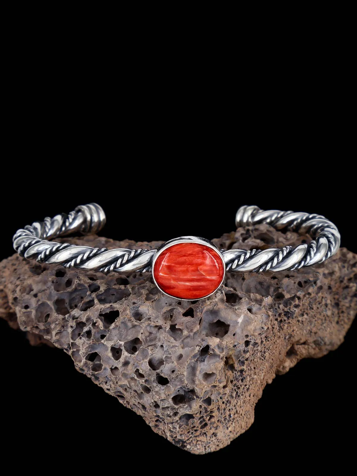 Navajo Red Spiny Oyster Braided Sterling Silver Cuff Bracelet