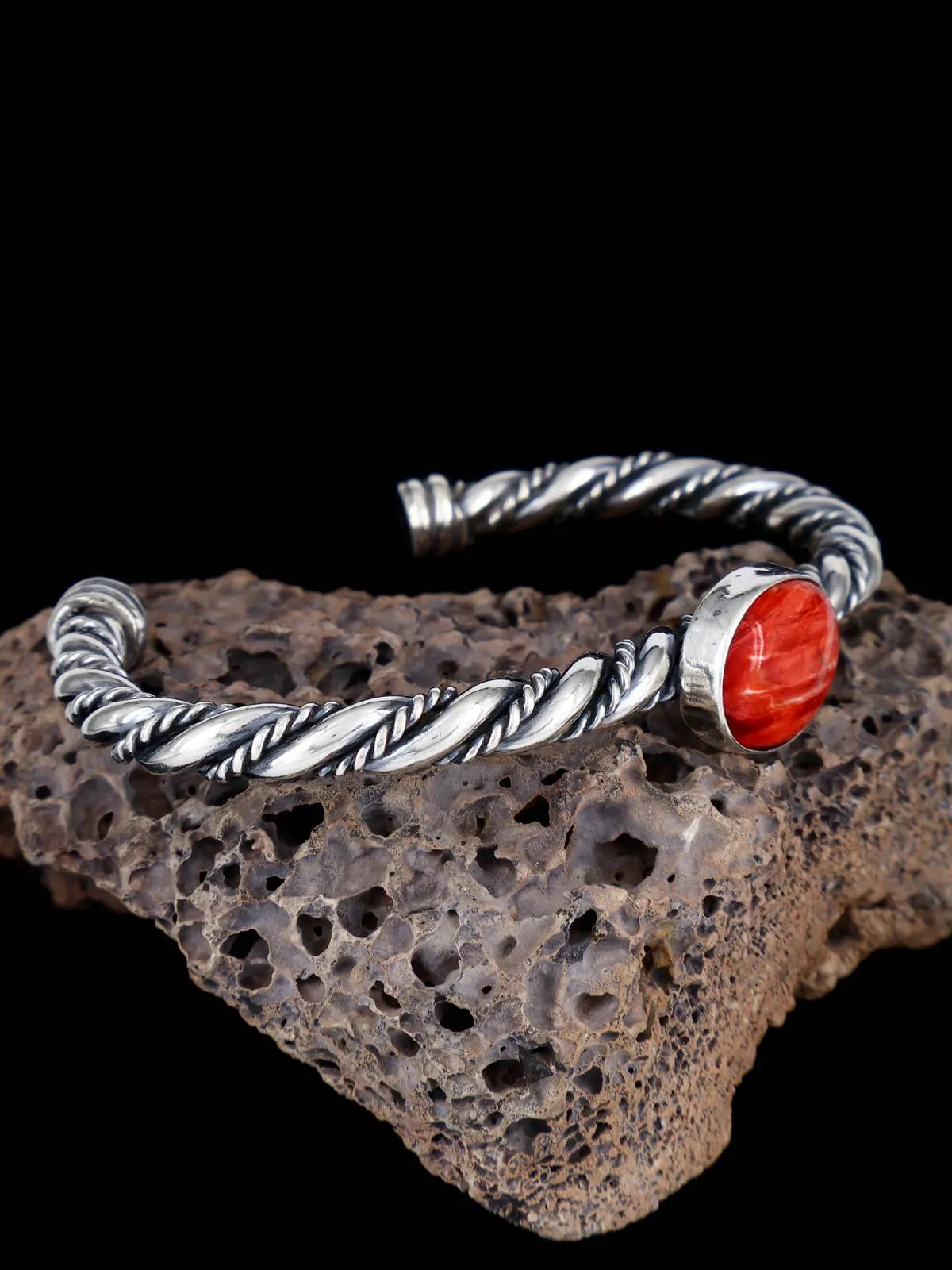 Navajo Red Spiny Oyster Braided Sterling Silver Cuff Bracelet