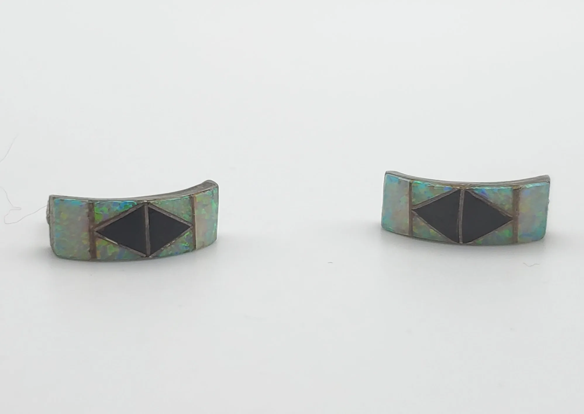 Opal and Black Onyx Inlaid C-Hoop Vintage Earrings