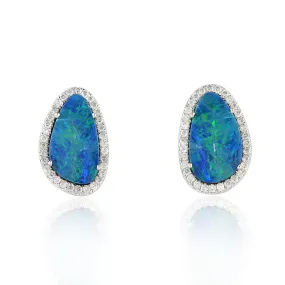 Opal Doublet October Birthstone Prong Natural Diamond Stud In 18K White Gold