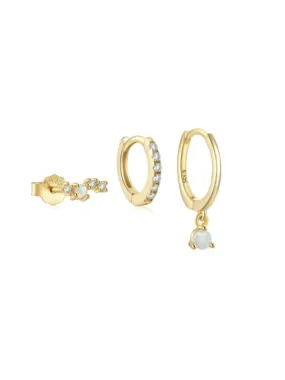 Opal Hoop and Stud Earrings Set, .925 Sterling Silver, 18K Gold Plated Luxury Huggie Three (3) Earrings Set