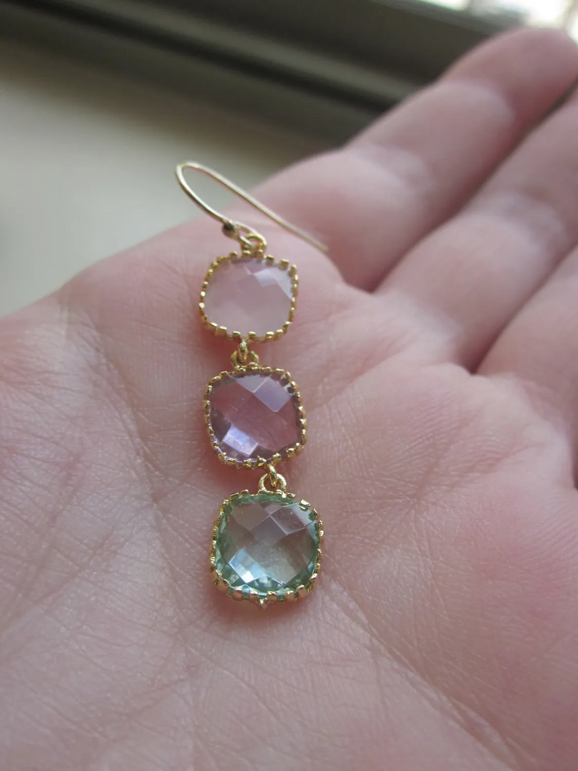 Opal Pink Earrings Lavender Prasiolite Gold - three tier - Wedding Earrings - Bridesmaid Earrings - Bridal Earrings