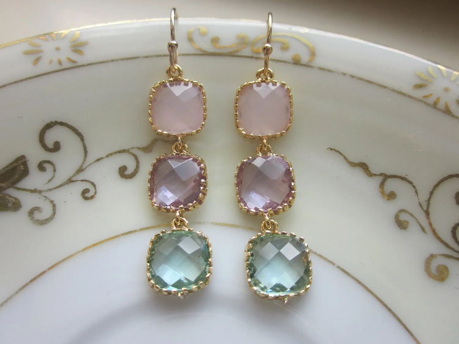 Opal Pink Earrings Lavender Prasiolite Gold - three tier - Wedding Earrings - Bridesmaid Earrings - Bridal Earrings