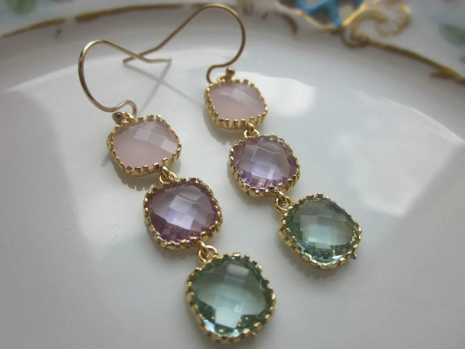 Opal Pink Earrings Lavender Prasiolite Gold - three tier - Wedding Earrings - Bridesmaid Earrings - Bridal Earrings