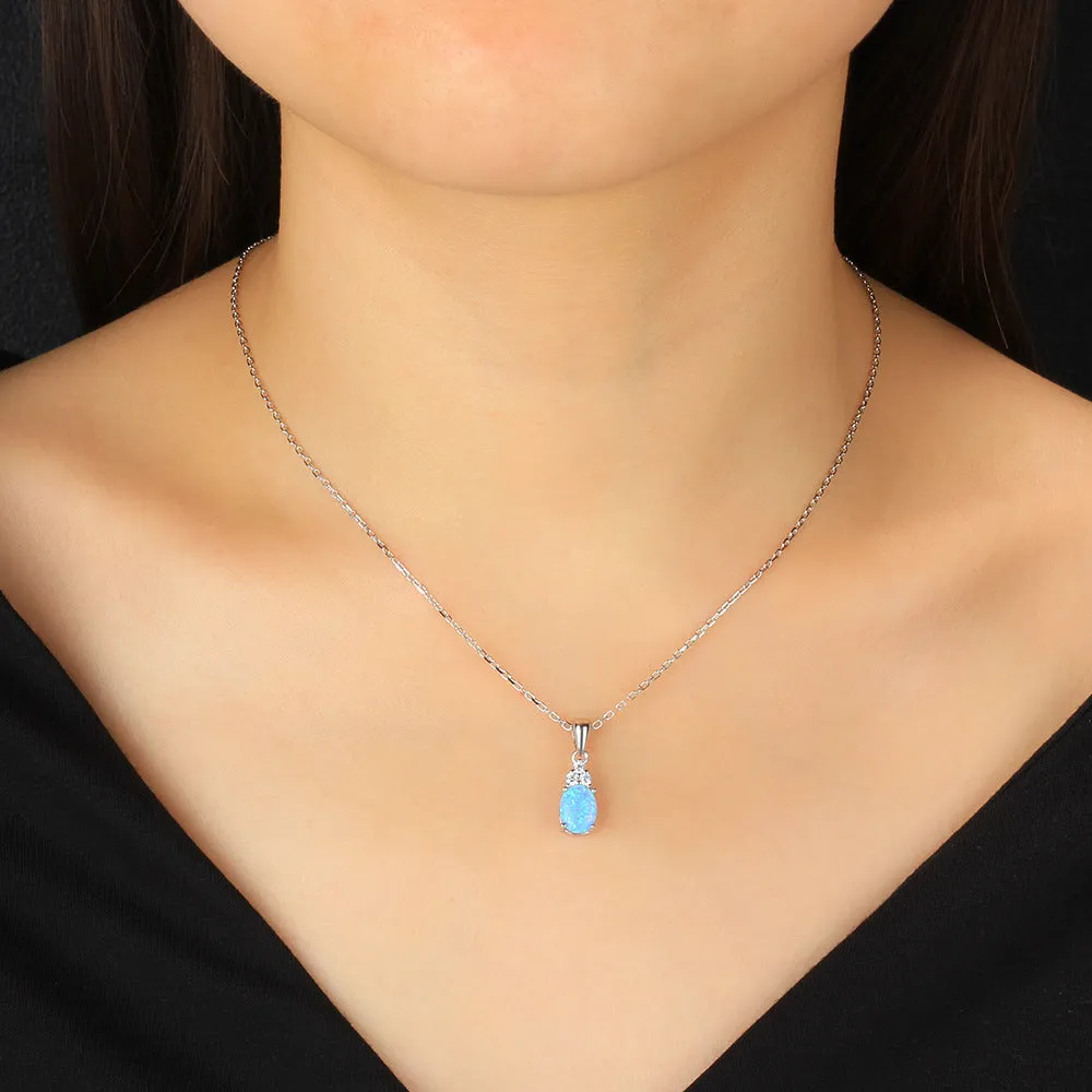 Oval Blue Opal with Three Small Zircon Sterling Silver Necklace