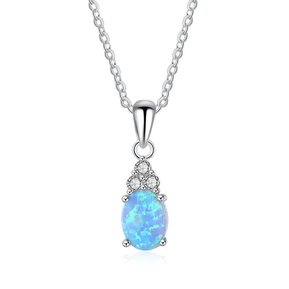 Oval Blue Opal with Three Small Zircon Sterling Silver Necklace