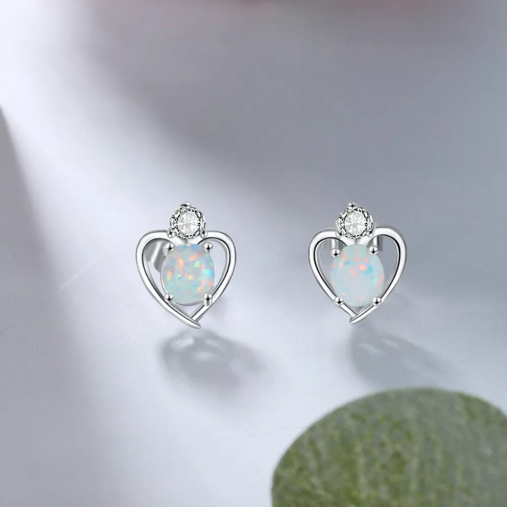 Oval Opal Small Round Zircon Heart Shape Sterling Silver Stud Earrings