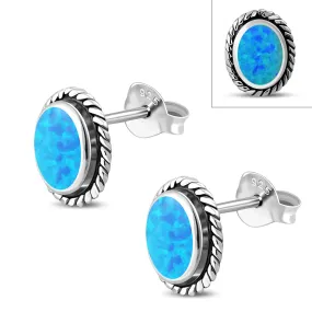 Oval Synthetic Azure Blue Opal Silver Stud Earrings